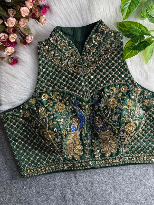 Bottle_Green_Italian_Silk_Peacock_Work_Embroidered_Stitched_Blouse_|_For_Women