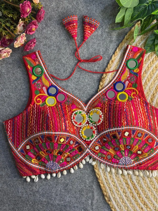 Red_Italian_Silk_Mirror_Work_Navaratri_Embroidered_Stitched_Blouse_|_For_Women