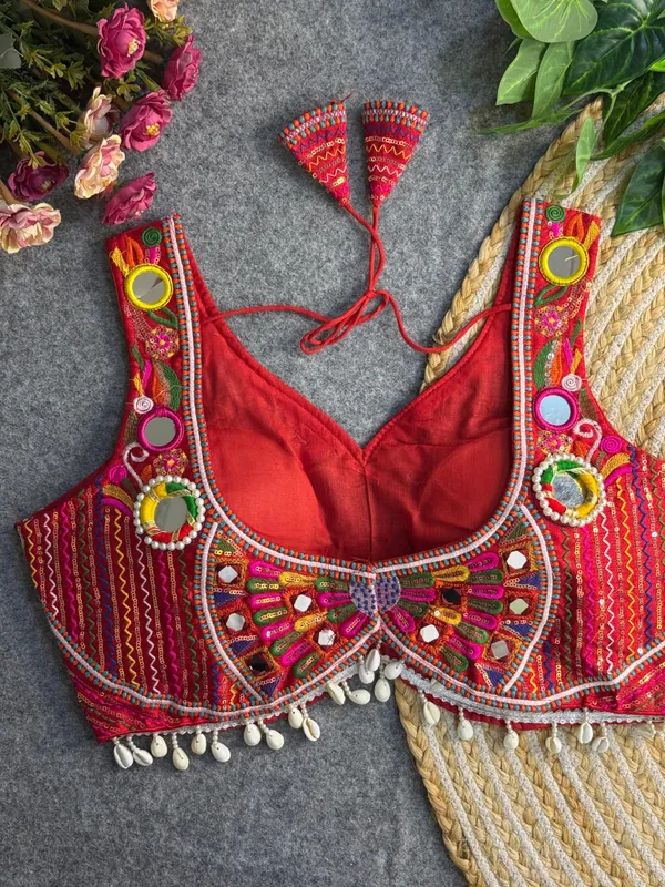 Red_Italian_Silk_Mirror_Work_Navaratri_Embroidered_Stitched_Blouse_|_For_Women