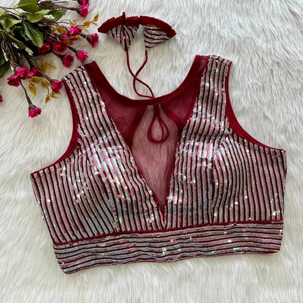 Maroon_Net_Sequin_Embroidered_Stitched_Blouse_|_For_Women