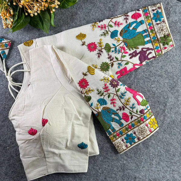 White_Cotton_Khadi_Embroidered_Stitched_Blouse_|_For_Women