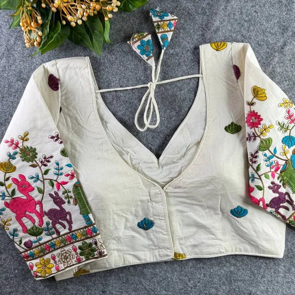 White_Cotton_Khadi_Embroidered_Stitched_Blouse_|_For_Women
