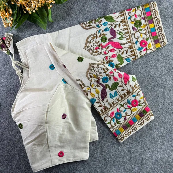 White_Cotton_Khadi_Embroidered_Stitched_Blouse_|_For_Women