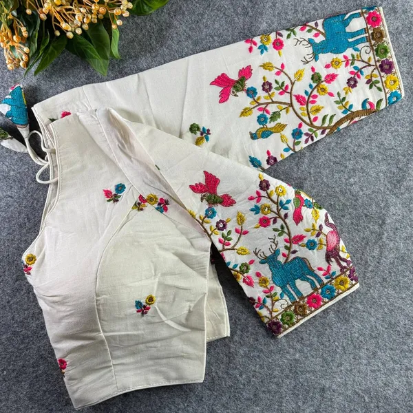 White_Cotton_Khadi_Embroidered_Stitched_Blouse_|_For_Women