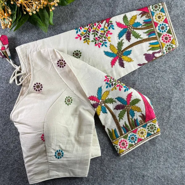 White_Cotton_Khadi_Embroidered_Stitched_Blouse_|_For_Women