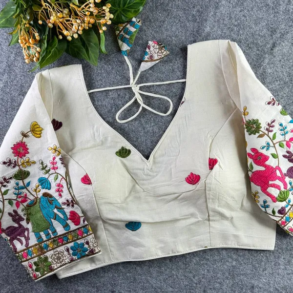 White_Cotton_Khadi_Embroidered_Stitched_Blouse_|_For_Women