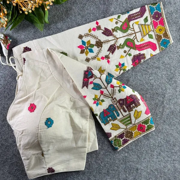 White_Cotton_Khadi_Embroidered_Stitched_Blouse_|_For_Women