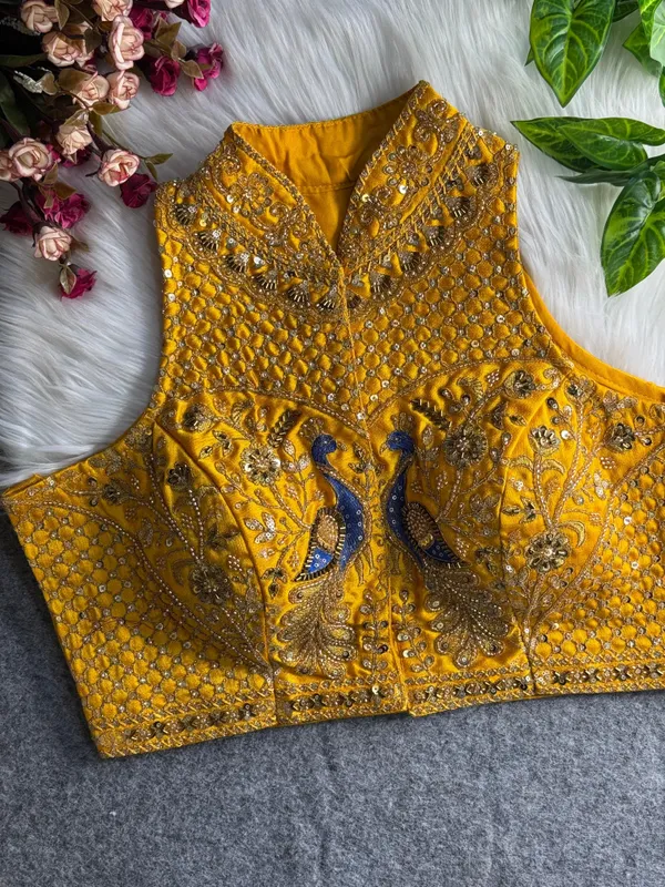 Yellow_Italian_Silk_Peacock_Work_Embroidered_Stitched_Blouse_|_For_Women