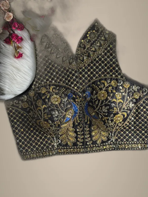Black_Italian_Silk_Peacock_Work_Embroidered_Stitched_Blouse_|_For_Women