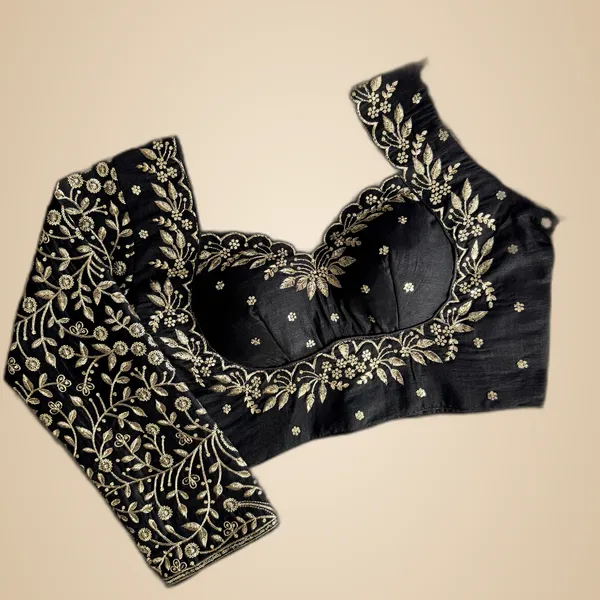 Black_Vichitra_Silk_Full_Sleeves_Stitched_Bridal_Blouse_|_For_Women