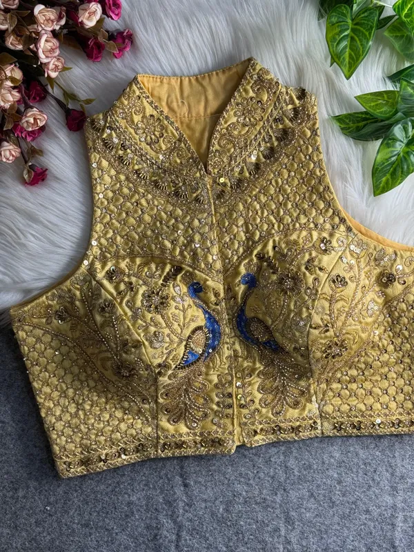 Antique_Gold_Italian_Silk_Halter_Neck_Embroidered_Stitched_Blouse_|_For_Women