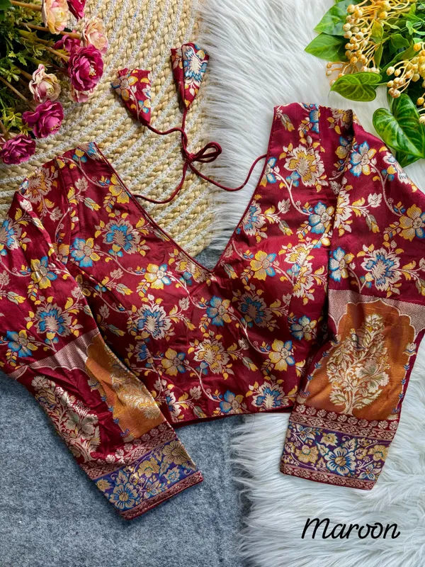 Maroon_Dola_Silk_Embroidered_Stitched_Blouse_|_For_Women