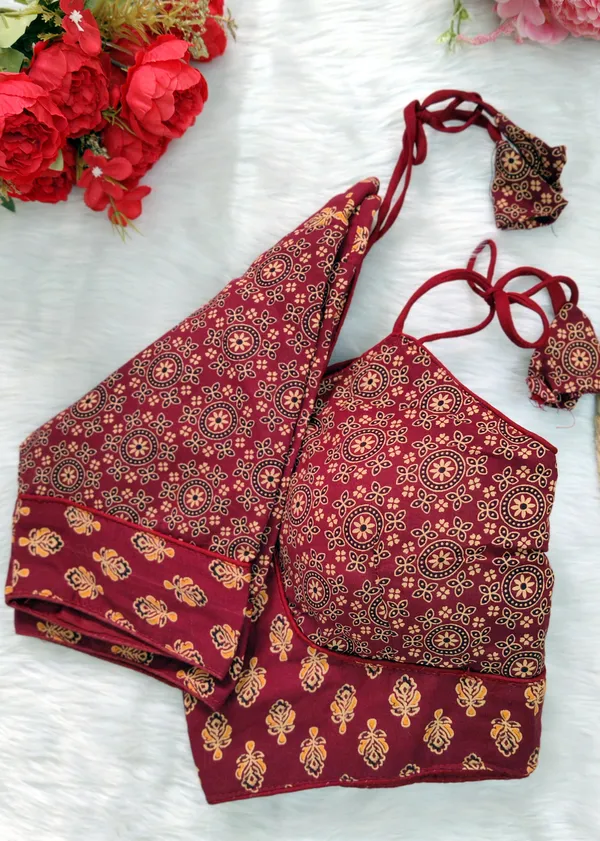 Maroon_Pure_Cotton_Ajrakh_Printed_Halter_Neck_Embroidered_Stitched_Blouse_|_For_Women