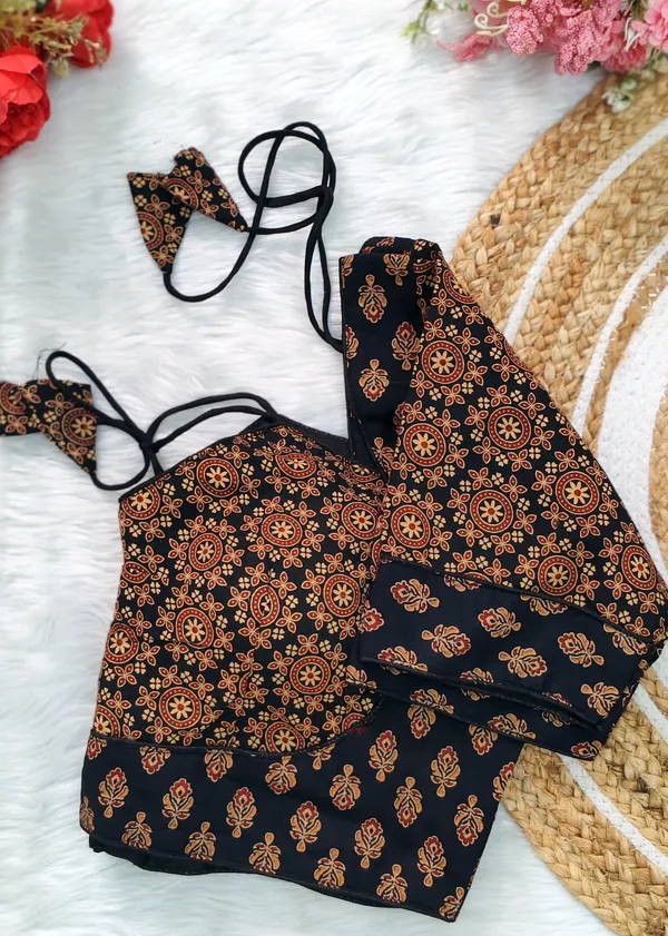 Black_Cotton_Ajrakh_Print_Halter_Neck_Embroidered_Stitched_Blouse_|_For_Women