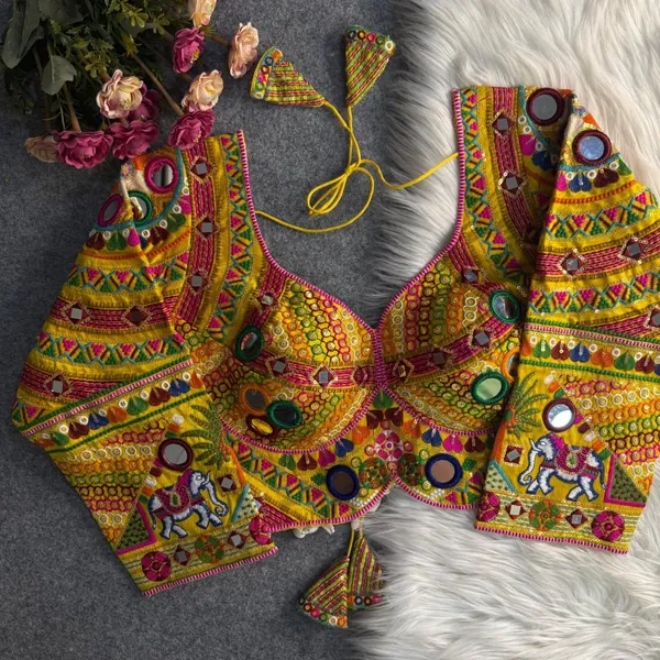 Yellow_Mirror_Work_Long_Sleeves_Stitched_Blouse_|_For_Women