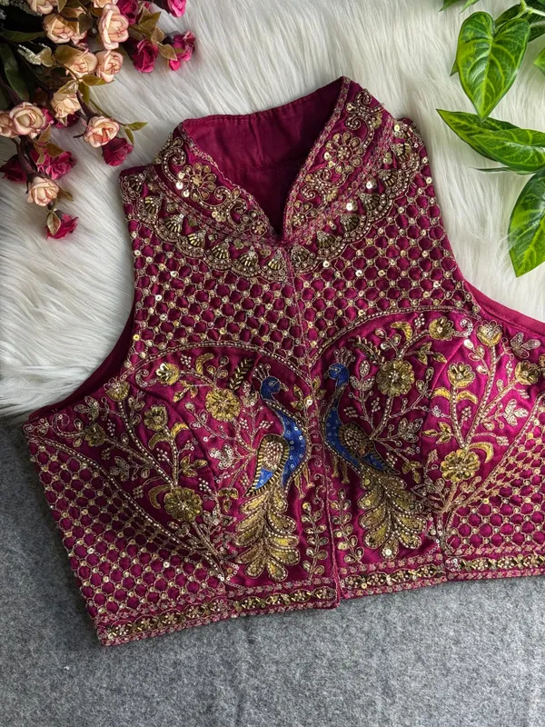 Magenta_Italian_Silk_Peacock_Handwork_Stitched_Blouse_|_For_Women