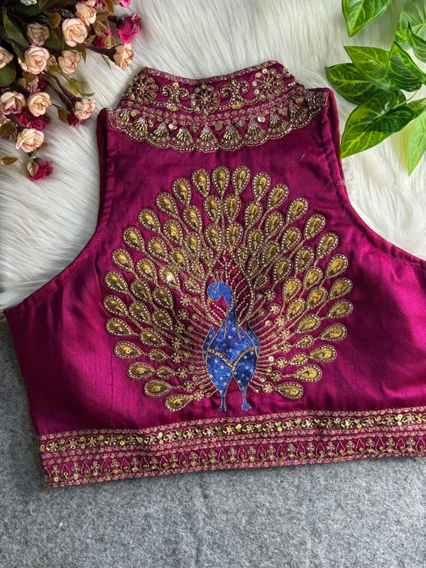 Magenta_Italian_Silk_Peacock_Handwork_Stitched_Blouse_|_For_Women