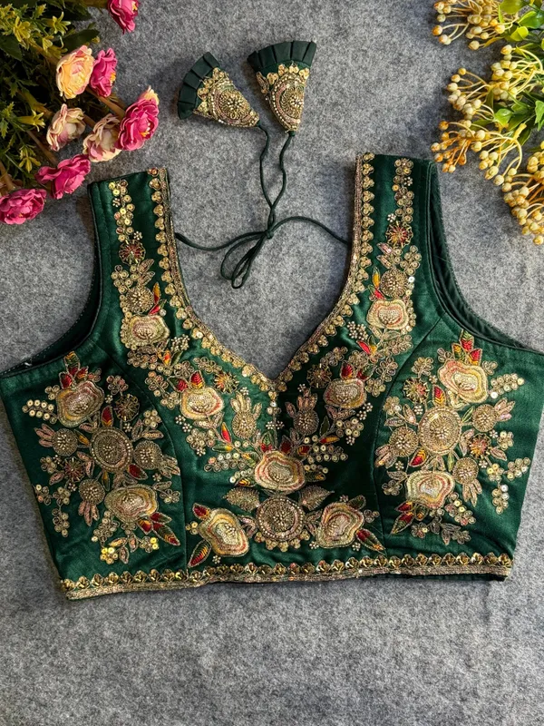 Green_Italian_Silk_Embroidered_Stitched_Blouse_|_For_Women