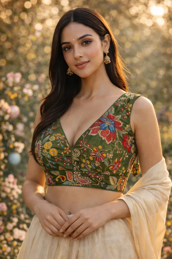 Bottle_Green_Heavy_Silk_Embroidered_V_Neck_Blouse