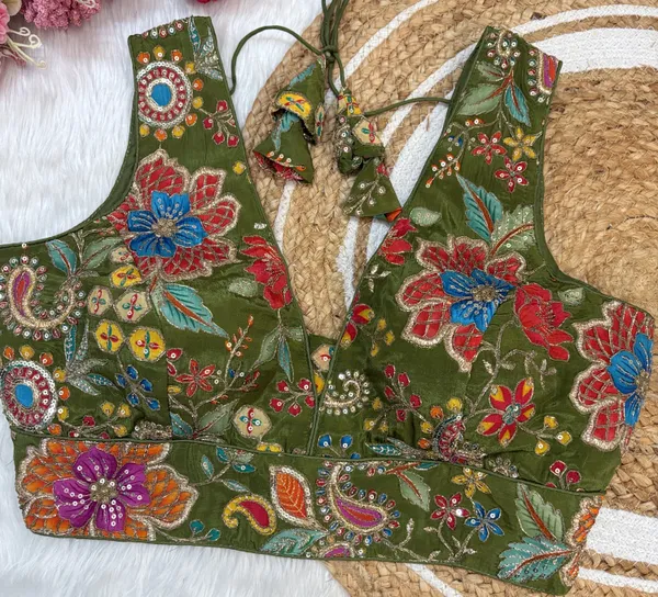 Bottle_Green_Heavy_Silk_Embroidered_V_Neck_Blouse