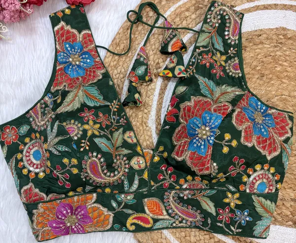 Green_Heavy_Silk_Embroidered_V_Neck_Blouse