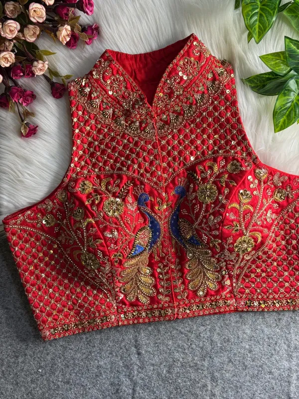 Red_Italian_Silk_Peacock_Handwork_Stitched_Blouse_|_For_Women