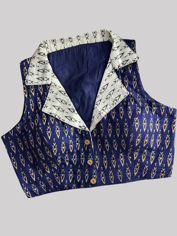 Navy_Cotton_Ajrakh_Printed_Stitched_Blouse_|_For_Women