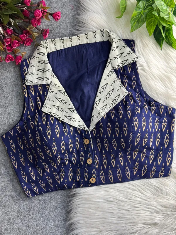 Navy_Cotton_Ajrakh_Printed_Stitched_Blouse_|_For_Women