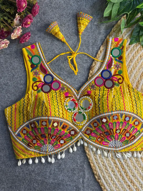 Yellow_Italian_Silk_Mirror_Work_Stitched_Navaratri_Blouse_|_For_Women