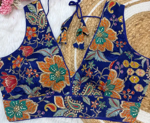 Blue_Heavy_Silk_Embroidered_V_Neck_Blouse