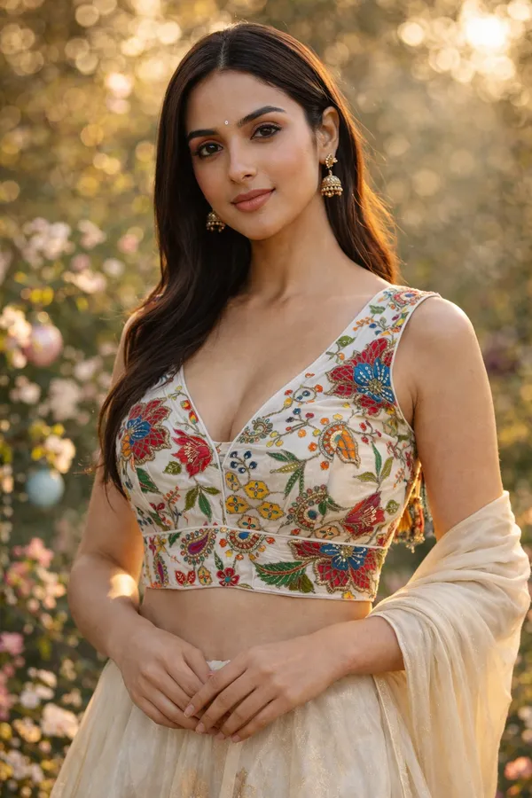 White_Heavy_Silk_Embroidered_V_Neck_Blouse