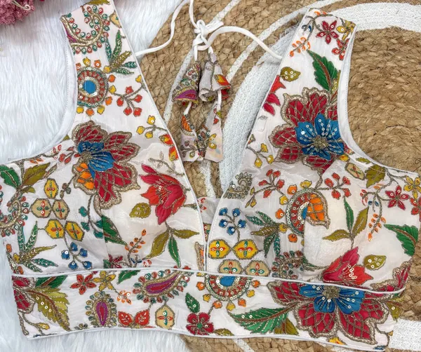White_Heavy_Silk_Embroidered_V_Neck_Blouse