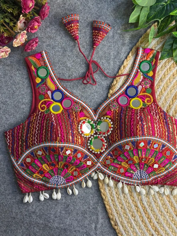 Maroon_Italian_Silk_Embroidered_Stitched_Navaratri_Blouse_|_For_Women