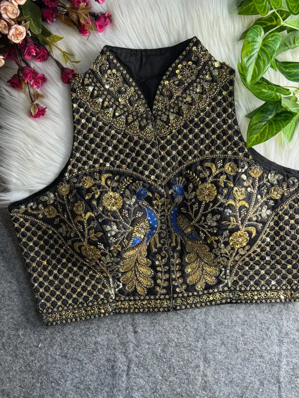 Black_Italian_Silk_Peacock_Work_Embroidered_Stitched_Blouse_|_For_Women