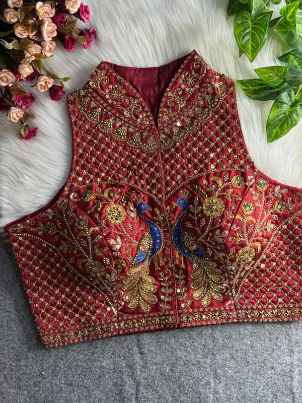 Maroon_Italian_Silk_Peacock_Work_Embroidered_Stitched_Blouse_|_For_Women