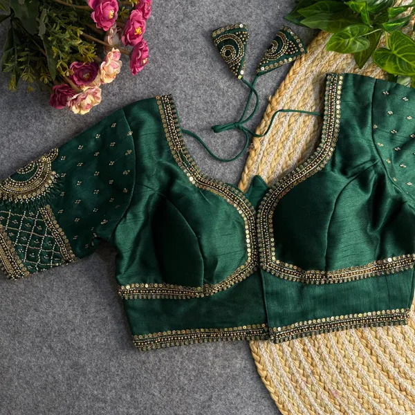 Green_Italian_Silk_Embroidered_Stitched_Blouse_|_For_Women