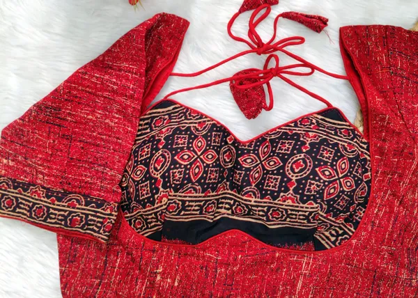Red_Cotton_Ajrakh_Embroidered_Stitched_Halter_Neck_Blouse_|_For_Women