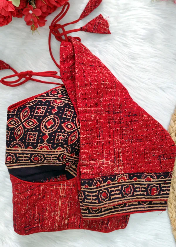 Red_Cotton_Ajrakh_Embroidered_Stitched_Halter_Neck_Blouse_|_For_Women