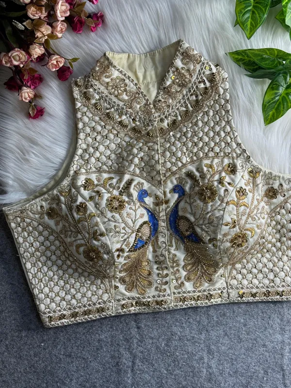 Off_White_Italian_Silk_Peacock_Work_Embroidered_Stitched_Blouse_|_For_Women
