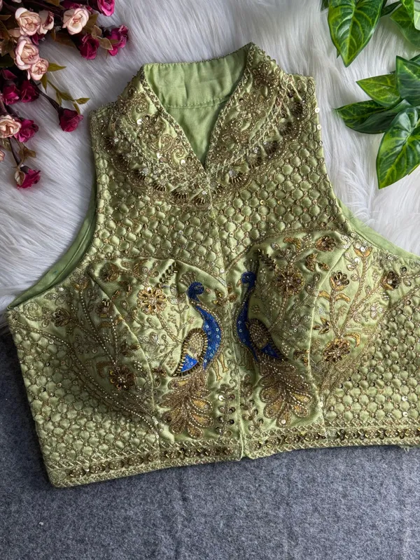 Pista_Green_Italian_Silk_Peacock_Work_Embroidered_Stitched_Blouse_|_For_Women