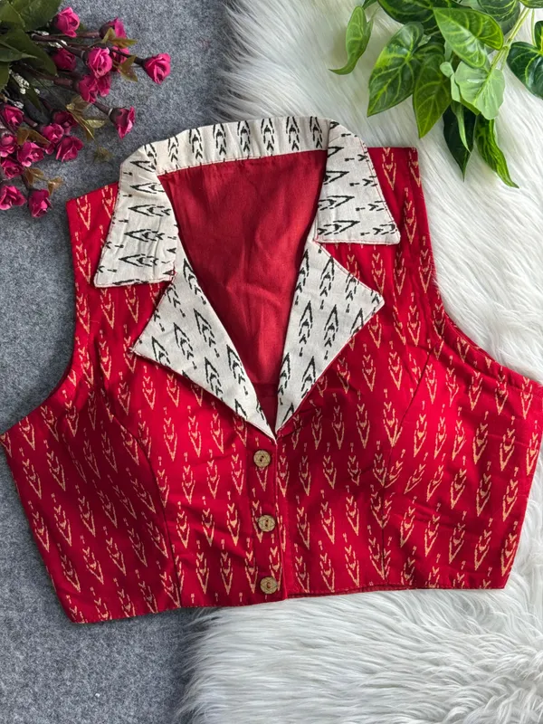 Red_Cotton_Ajrakh_Printed_Stitched_Blouse_|_For_Women