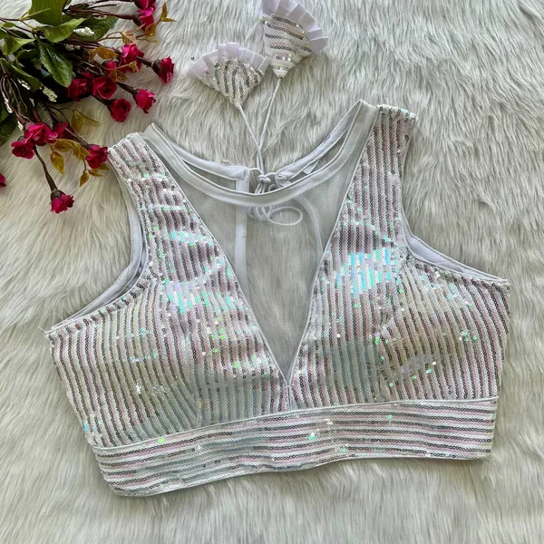 White_Net_Rainbow_Sequin_Party_Wear_Embroidered_Stitched_Blouse_|_For_Women