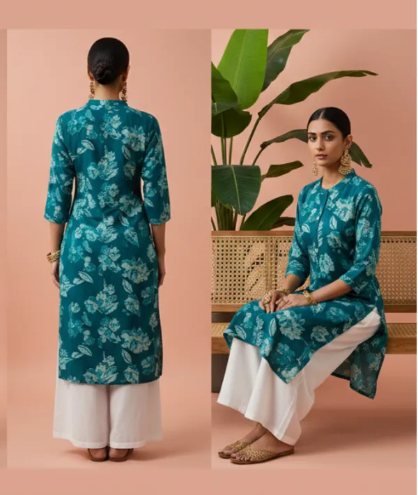 Peacock_Blue_Premium_Vatican_Silk_Fabric_Kurti_Plazzo_Set_For_Women