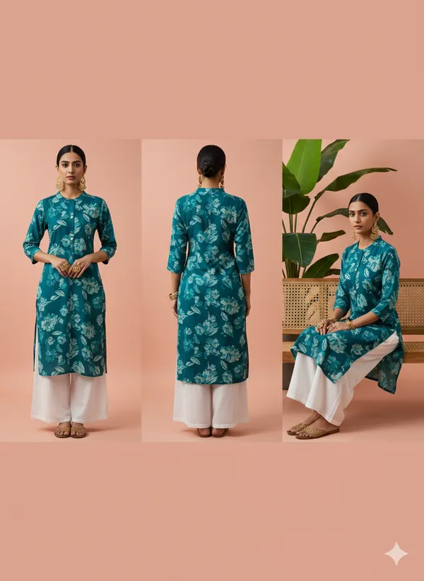Peacock_Blue_Premium_Vatican_Silk_Fabric_Kurti_Plazzo_Set_For_Women