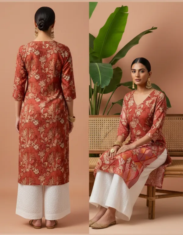 Orange_Premium_Vatican_Silk_Fabric_Kurti_Plazzo_Set_For_Women