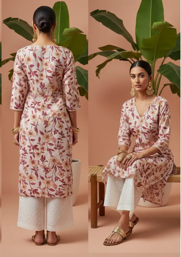 White_Premium_Vatican_Silk_Fabric_Kurti_Plazzo_Set_For_Women