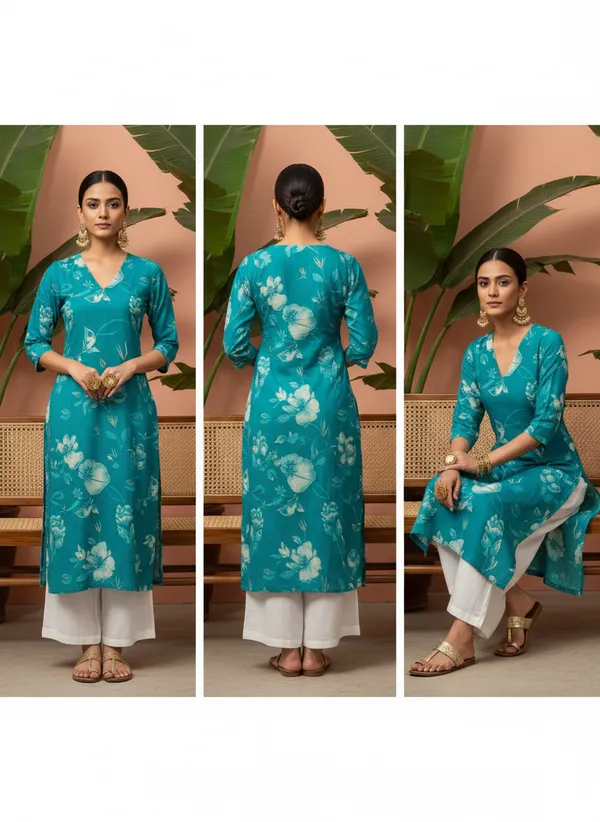 Blue_Premium_Vatican_Silk_Fabric_Kurti_Plazzo_Set_For_Women