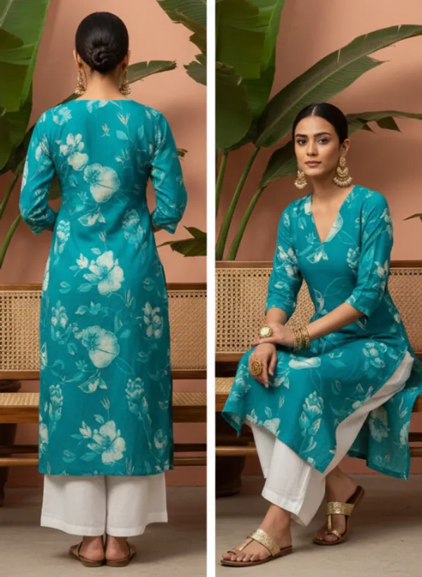 Blue_Premium_Vatican_Silk_Fabric_Kurti_Plazzo_Set_For_Women
