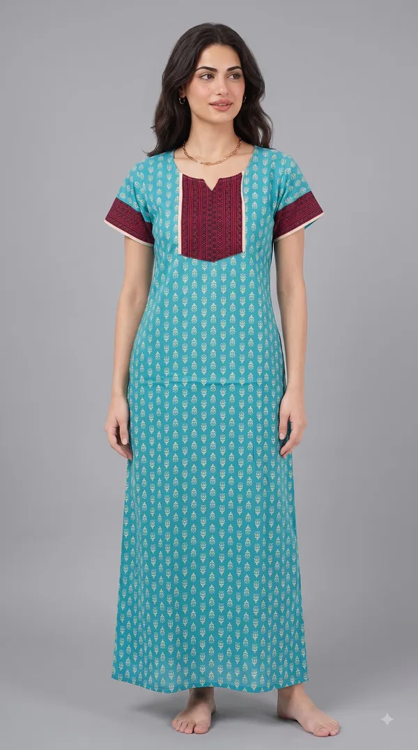 Evolove_Women'S_Cotton_Long_Maxi_Night_Gown_Nighty_Dress_With_Pocket,_Super_Soft_Comfortable,_Contrast_Yoke_Patch_(Sea_Blue)