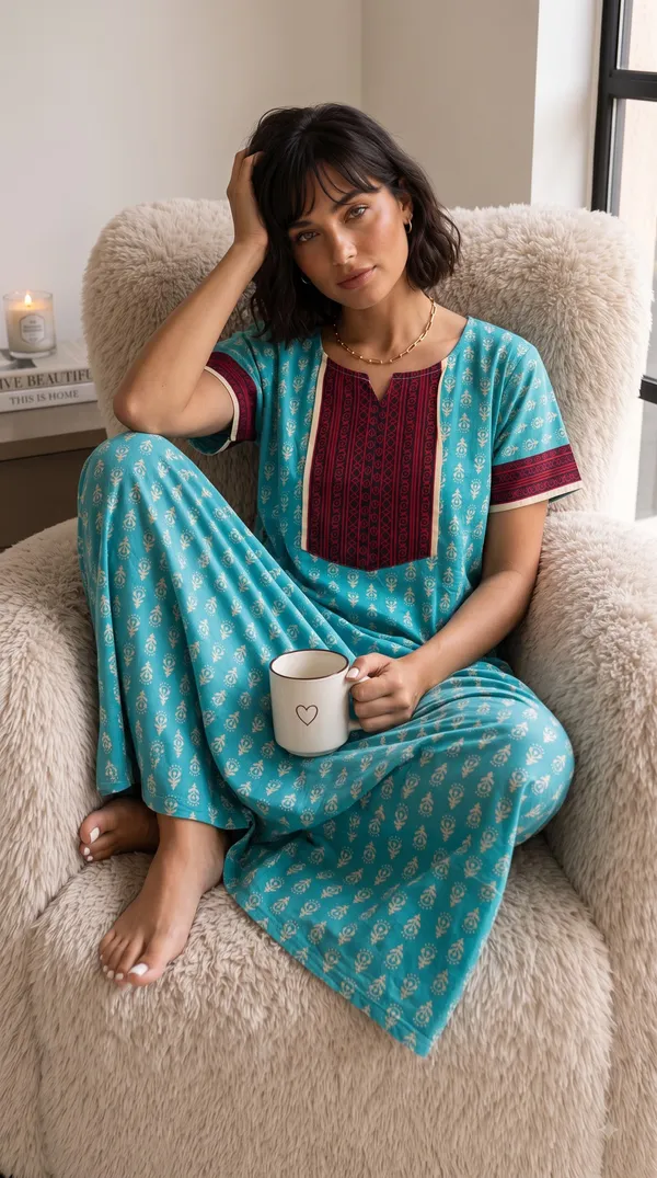 Evolove_Women'S_Cotton_Long_Maxi_Night_Gown_Nighty_Dress_With_Pocket,_Super_Soft_Comfortable,_Contrast_Yoke_Patch_(Sea_Blue)